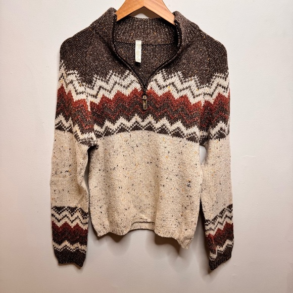 Soybu Sweaters - Soybu Fair Isle Half-Zip Sweater in Cream, Brown & Rust